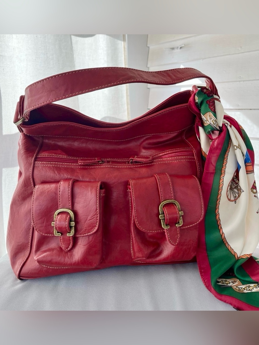 Classic Vintage Red Leather Shoulder Bag, EUC